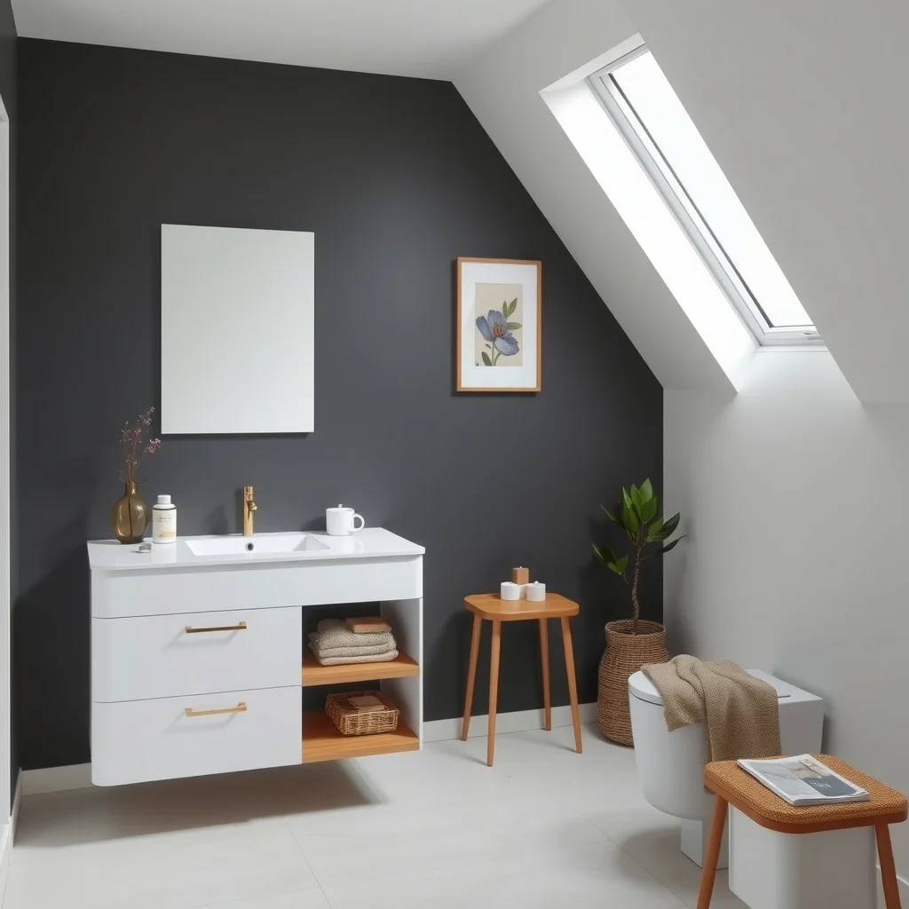 Modern minimalist bathroom white vanity flush against charcoal gray wall tight corner featuring sleek slim pull out wooden shelves on low friction metal runners soft natural light from frosted skylight close up angle