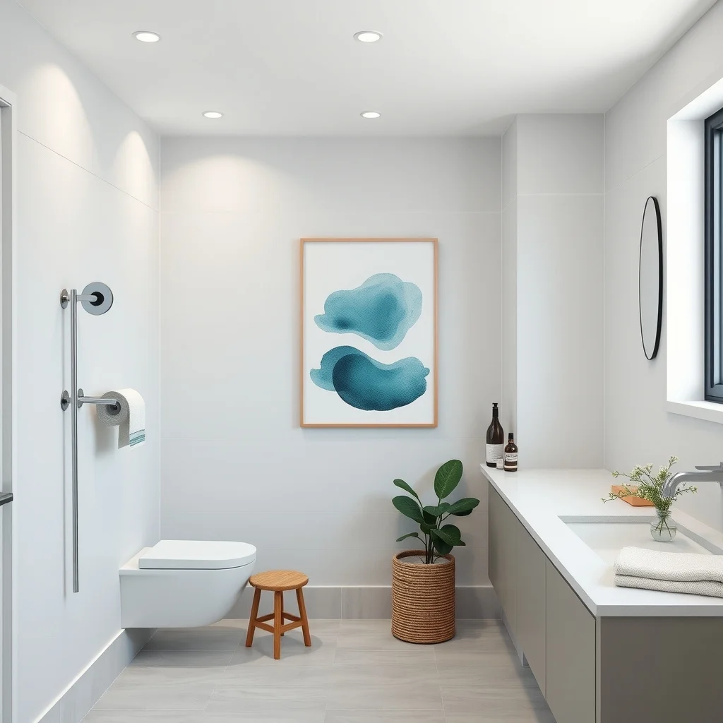 Modern minimalist bathroom with brushed nickel slim wall mounted rack holding a single roll pale gray tiles soft white recessed lighting abstract teal watercolor art and a sleek floating vanity