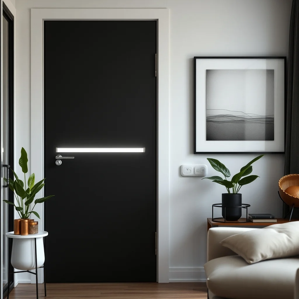 Modern minimalist entry matte black door slim magnetic strip affixed inside brushed steel tins and copper spice jars snap onto it reflecting soft LED strip lighting a monochrome abstract print hangs above