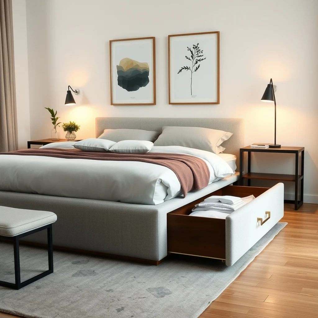 Modern platform bed with integrated side drawers upholstered in light gray linen brushed brass handles peek subtly Ambient bedside lamps emit warm glow highlighting the seamless storage while maintaining tranquil ambience