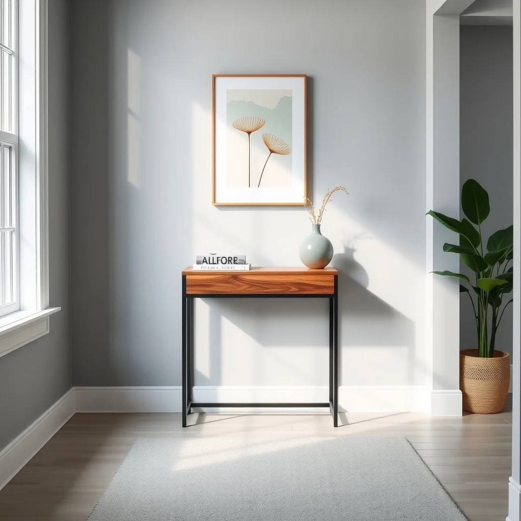 Modern slim console table six inch depth walnut veneer top hidden brushed nickel drawer placed against light gray hallway wall side lighting creates subtle shadow wide shot showing surrounding space