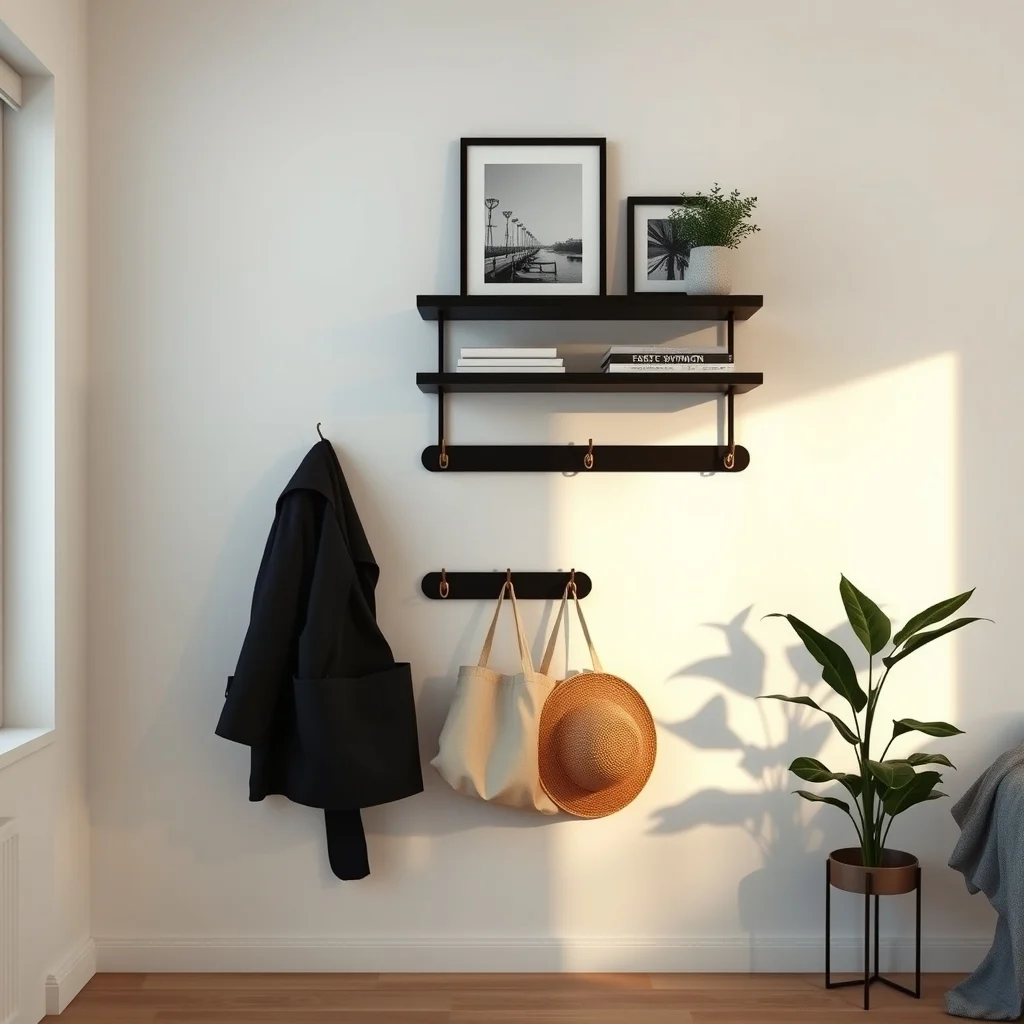 Modern vertical wall unit with matte black floating shelves beneath brass hook row displaying a navy coat canvas tote and straw hat warm ambient lighting highlights the sleek metal finishes
