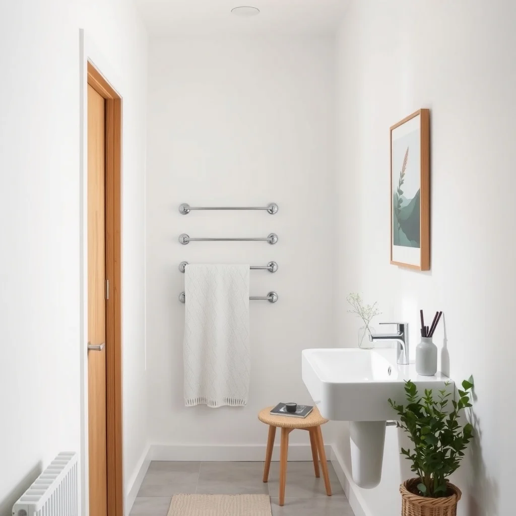 Narrow bathroom interior matte white walls brushed nickel over the door towel rack with three bars soft natural light from frosted window light oak door towel draped minimalist Scandinavian vibe