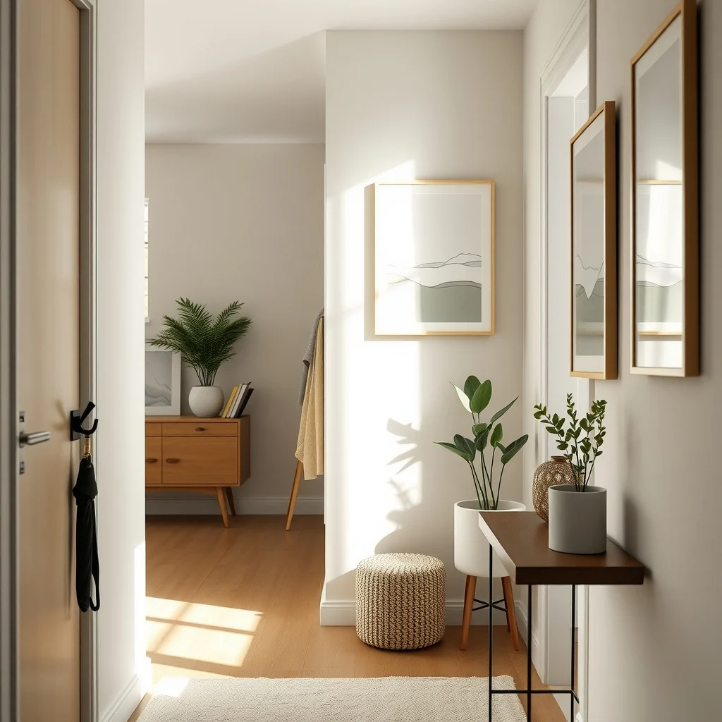 Narrow entry hallway bathed in soft morning light featuring a brushed brass slim wall mounted rack hugging the wall matte black adjustable hooks hold umbrellas set against pale gray plaster and a subtle abstract line art