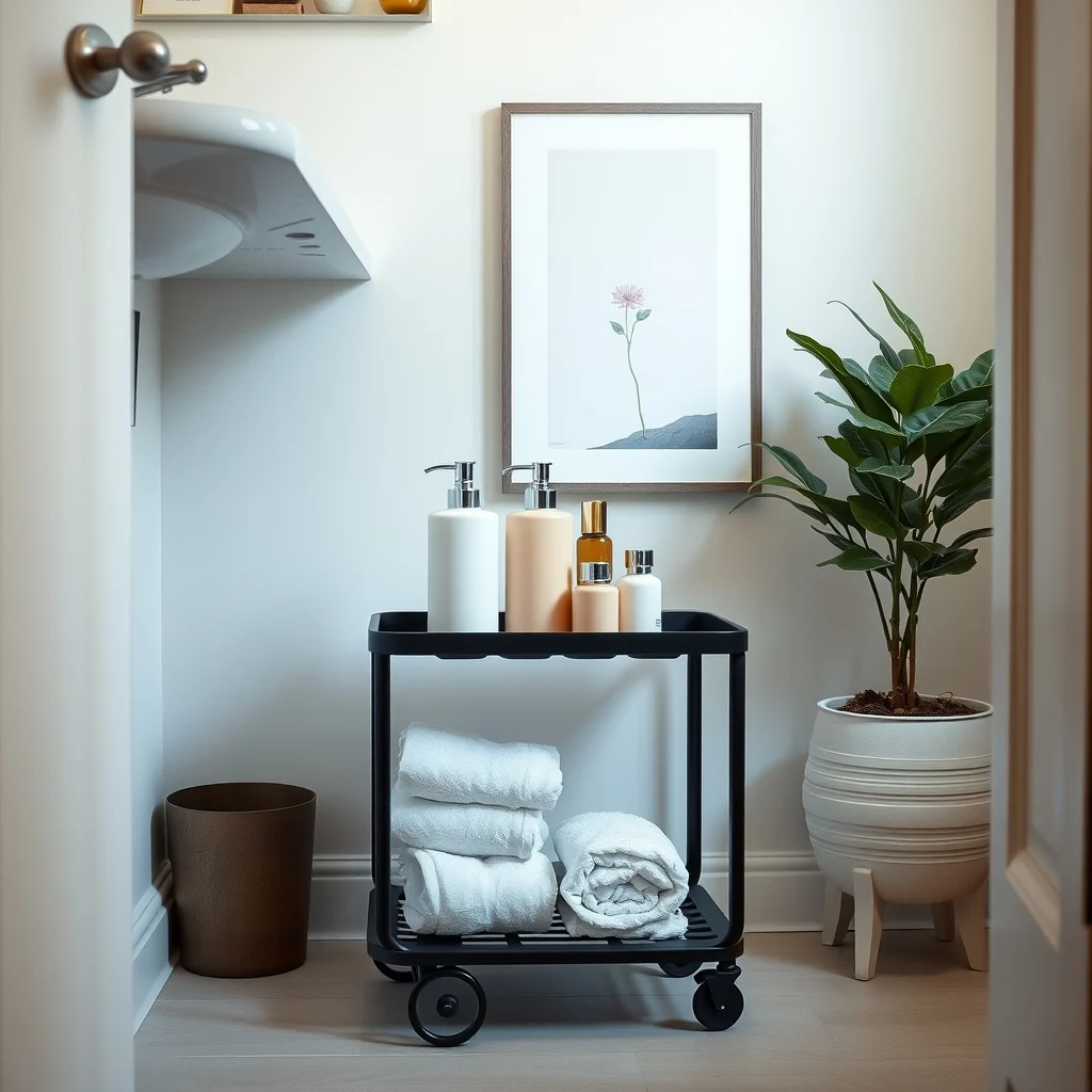 Narrow three tier rolling cart in matte black powder coated metal tucked under vanity stacked with pastel shampoo bottles chrome shaving set white towels subtle ambient bathroom lighting side view