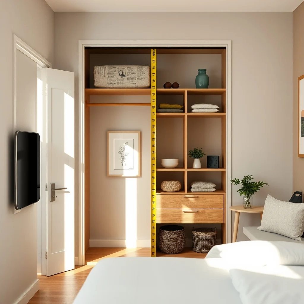 Open bedroom closet measured with a bright yellow tape wooden shelves neutral greige walls a sketch of dimensions pinned soft daylight spilling from the doorway