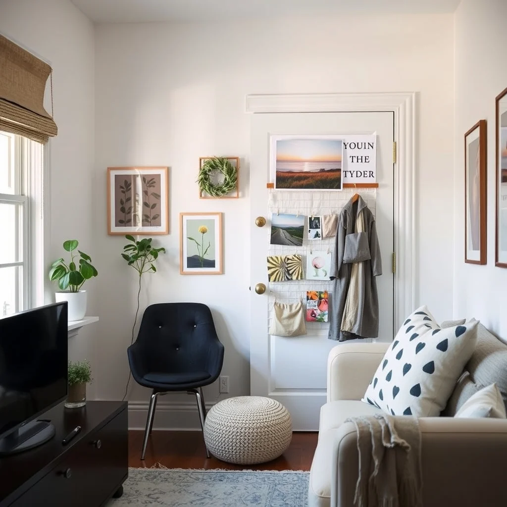 Over-the-Door Organizers That Work in Small Rentals interior: 5. Transform the organizer into a vertical gallery - Beyond pure storage, an over‑the‑door system can double as a display surface. Hooks or slim shelves installed alongside pockets provide places for framed prints, a string of fairy lights, or a rotating collection of postcards.