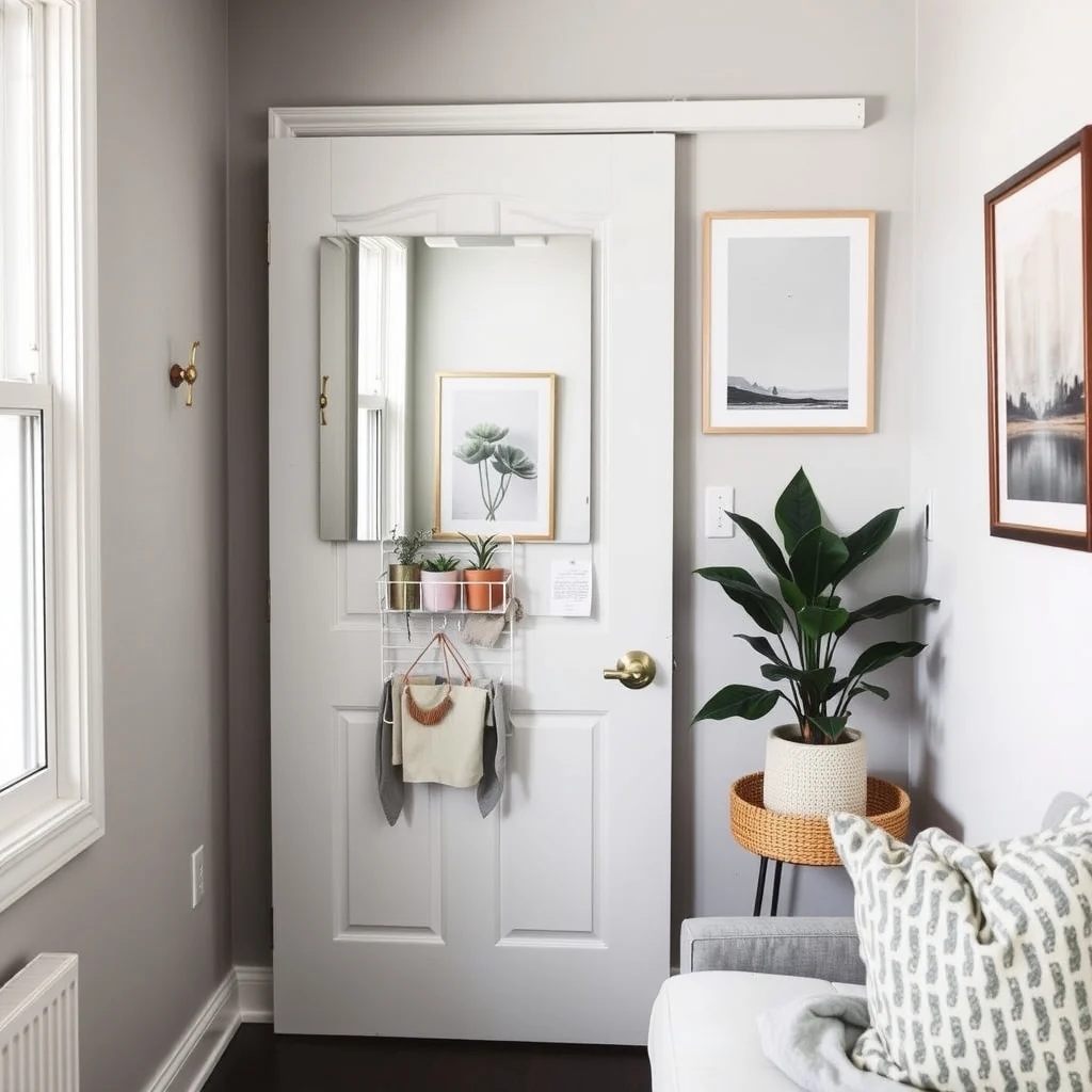 Over-the-Door Organizers That Work in Small Rentals interior: 6. Pair the organizer with a mirrored door panel - Mirrors are a classic trick for enlarging a space, and when combined with an over‑the‑door organizer they become even more functional. A slim, adhesive mirror panel placed on the door’s interior reflects light from nearby