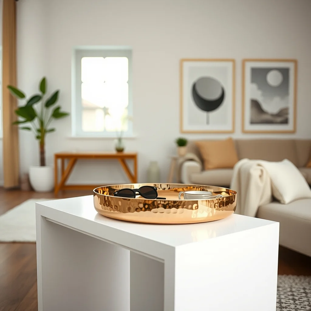 Polished hammered copper tray rests on a slim white console its shallow basin cradling keys and sunglasses a soft overhead LED spot accentuates the reflective surface