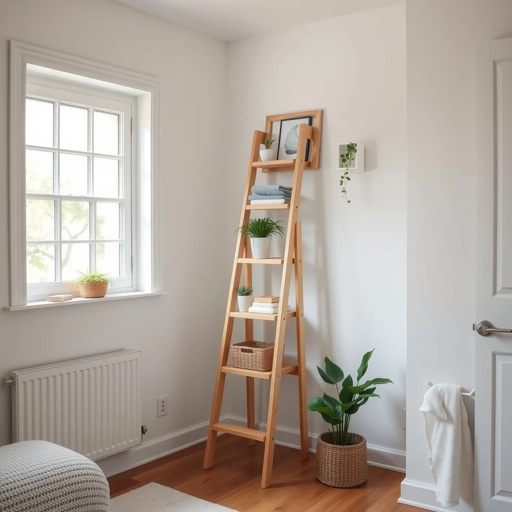 Rental-Friendly Bathroom Storage Without Drilling interior: 4. Freestanding Ladder Shelves - A compact wooden ladder, finished in a light oak or whitewashed pine, can serve as a tiered storage solution that leans against a wall without any hardware. The ladder’s rungs become natural ledges for rolled