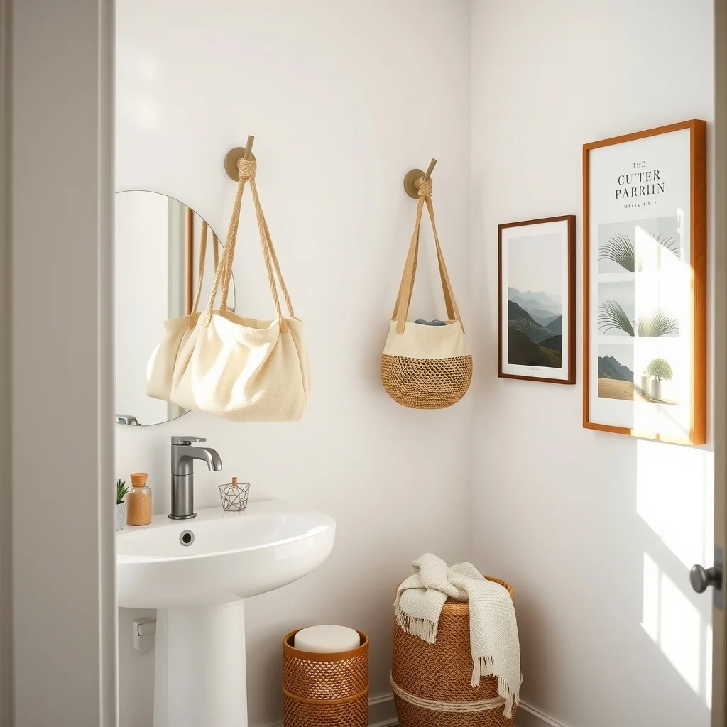 Rental-Friendly Bathroom Storage Without Drilling interior: 7. Hanging Fabric Baskets - Soft fabric baskets with sturdy rope handles can be hung from a tension rod, a hook on a towel bar, or a decorative wall hook that uses a removable adhesive pad. Choosing a basket in