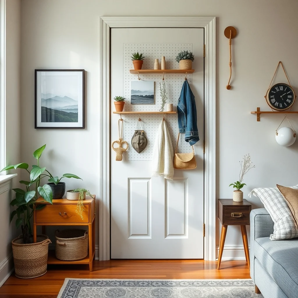Rental-Friendly Door Storage Ideas for Everyday Essentials interior: 4. Slim Pegboard with Adhesive Hooks - A thin, lightweight pegboard that adheres to the door surface creates a customizable grid for hooks, small shelves, and decorative accessories. Because the board is only a few millimeters thick, it doesn’t interfere with the