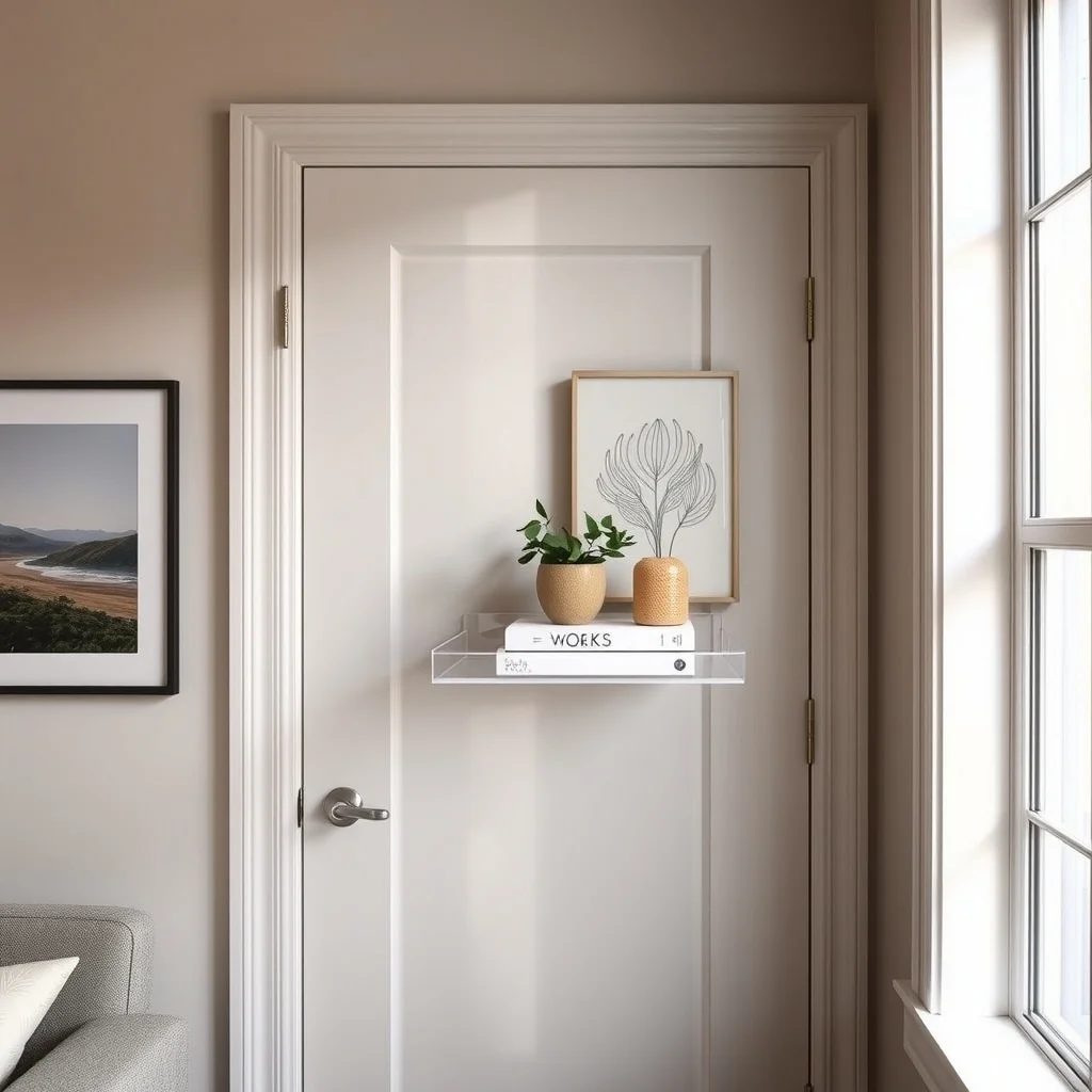 Rental-Friendly Door Storage Ideas for Everyday Essentials interior: 5. Clear Acrylic Shelf That Rests on the Door Frame - A narrow acrylic shelf that sits on the top edge of a door offers a floating surface for books, decorative boxes, or a small plant. The clear material keeps the visual weight low, allowing the