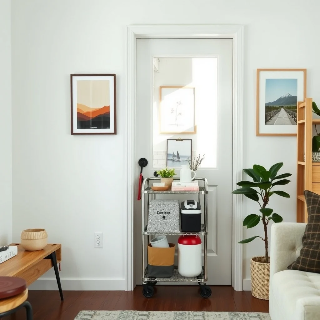 Rental-Friendly Door Storage Ideas for Everyday Essentials interior: 6. Door‑Mounted Rolling Cart - A compact rolling cart that straps onto the top of a door provides a mobile storage unit that can be pulled into the room when needed and tucked away when not. The cart’s wheels glide