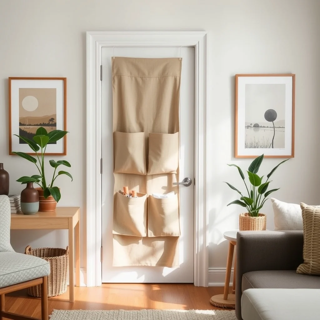 Rental-Friendly Door Storage Ideas for Everyday Essentials interior: 7. Fabric Pocket Panel That Folds Over the Door - A soft fabric panel with sewn‑in pockets can be draped over a door and secured with a tie or Velcro strip. The panel adds a touch of texture—think linen in a warm greige or a