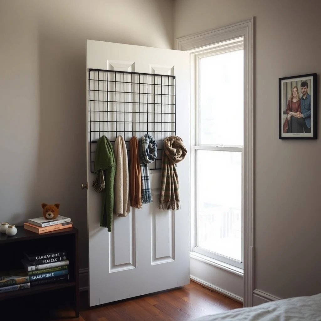 Rental-Friendly Over-Door Storage for Winter Accessories interior: 1. The Minimalist Metal Grid - A slim, powder‑coated steel grid hung on the bedroom door offers a clean, industrial feel that works well in studios with limited floor space. The rectangular openings serve as natural slots for folded scarves and