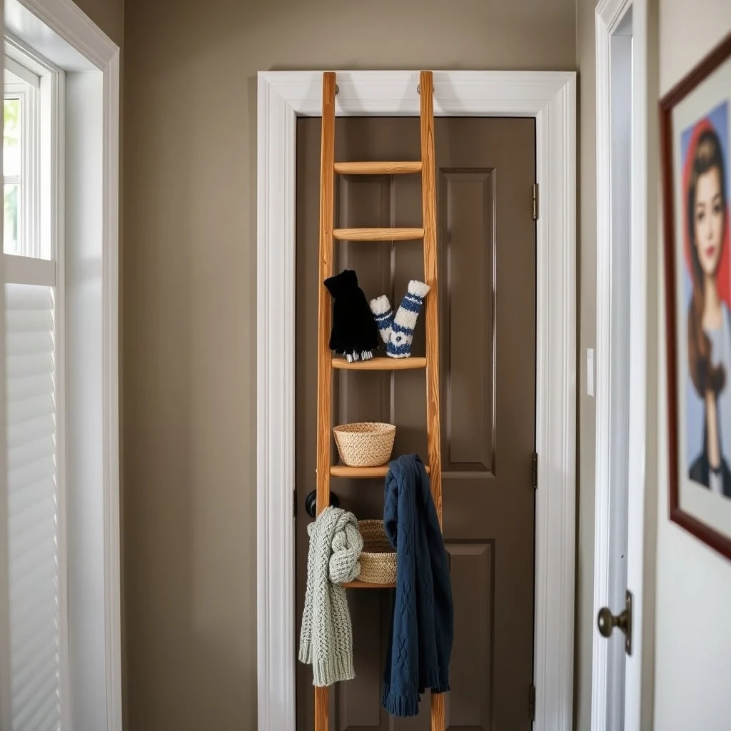 Rental-Friendly Over-Door Storage for Winter Accessories interior: 2. The Ladder‑Style Hanging Shelf - A narrow, leaning ladder made of reclaimed pine sits against the hallway door, its rungs doubling as shallow shelves. Each shelf holds a bundle of gloves or a small basket of knitted scarves, and a