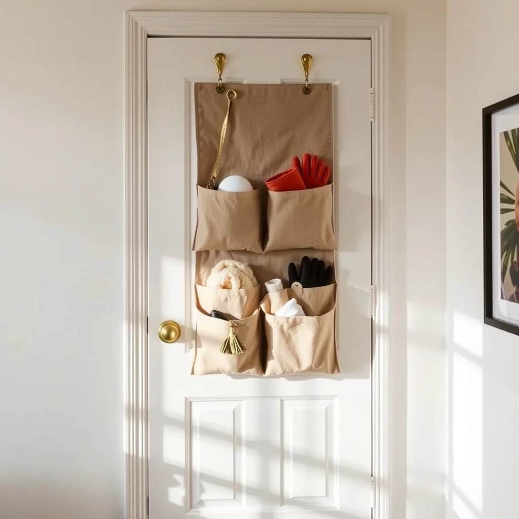 Rental-Friendly Over-Door Storage for Winter Accessories interior: 3. The Fabric Pocket Organizer - A canvas panel covered with heavyweight linen pockets in a warm oatmeal hue hangs from removable hooks on the door. Each pocket slides open to reveal a hidden compartment for delicate gloves or a silk