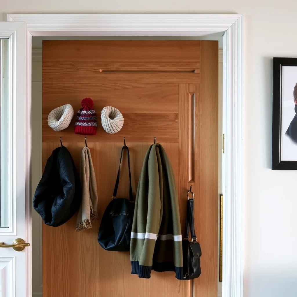 Rental-Friendly Over-Door Storage for Winter Accessories interior: 4. The Vintage Wooden Pegboard - A reclaimed barn‑door pegboard, stripped to its raw grain, brings rustic charm to a loft’s entryway. Small metal pegs hold rolled beanies, while larger slotted hooks accommodate a winter coat or a pair of lined