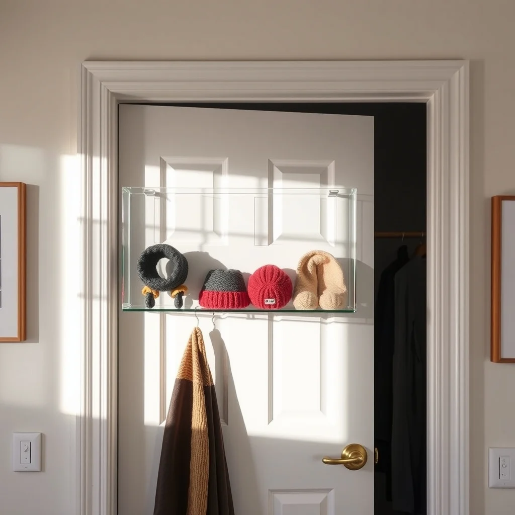 Rental-Friendly Over-Door Storage for Winter Accessories interior: 5. The Transparent Acrylic Rack - Clear acrylic cut into a sleek rectangular frame slides onto the top of the door and includes two shallow shelves that sit just behind the door’s edge, making the stored items appear to float. The