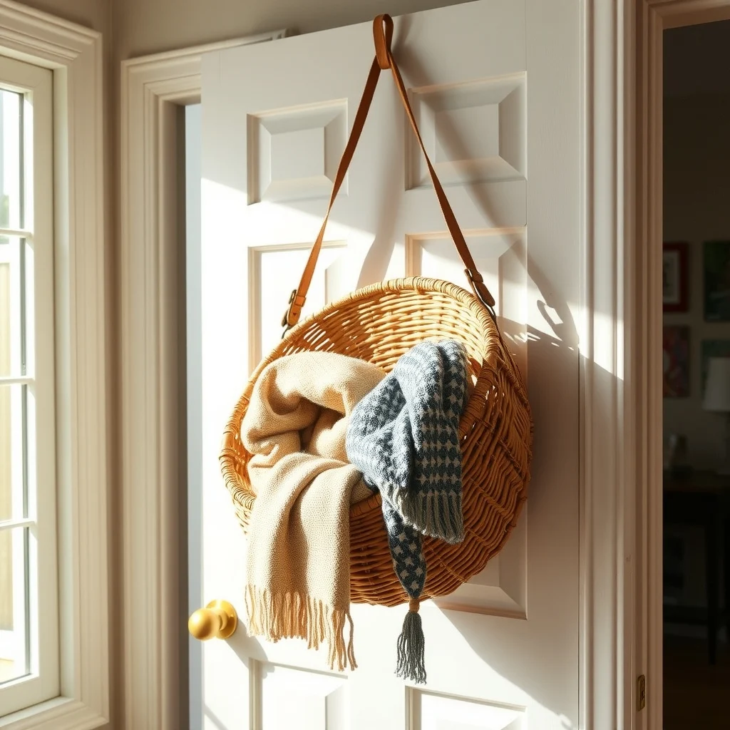 Rental-Friendly Over-Door Storage for Winter Accessories interior: 6. The Woven Rattan Over‑Door Basket - A large, ‑woven rattan basket hangs from a sturdy strap, offering a warm, organic feel to a sun‑filled living room. The generous interior cradles a bundle of woolen scarves, and the natural fibers allow the