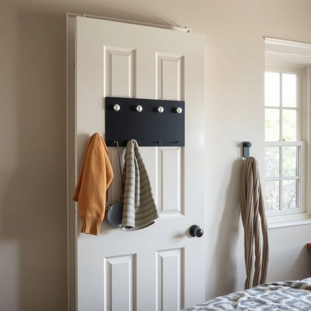 Rental-Friendly Over-Door Storage for Winter Accessories interior: 7. The Magnetic Over‑Door Panel - A thin steel panel finished in matte black adheres to the back of a bedroom door with strong but removable adhesive strips. Small magnetic strips affixed to the panel hold metal‑tipped hooks that suspend a