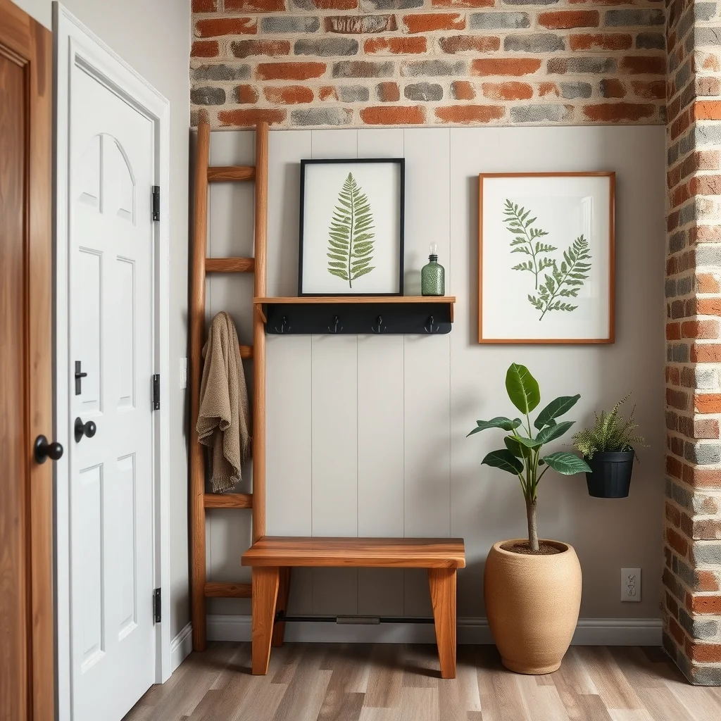 Rustic entry with reclaimed pine ladder coat rack narrow cedar seat on lowest rung matte black hooks exposed brick wall soft Edison bulbs subtle fern artwork