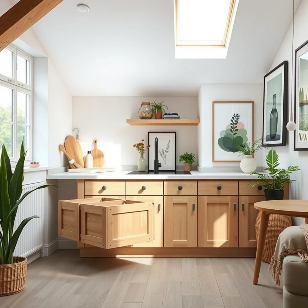 Rustic loft kitchen with repurposed wooden crate pull out drawers sliding beneath a white laminate countertop natural pine finish soft daylight from a skylight and a muted terracotta backsplash