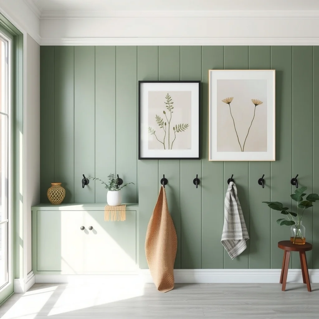 Sage green painted panel anchors sleek black metal hooks