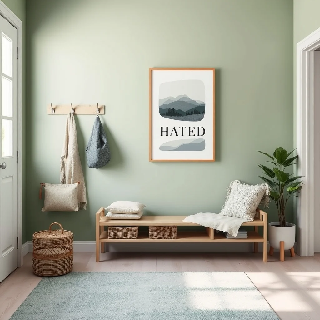 Sage green walls unify the space a greige coat rack matching wicker basket and a muted teal rug create harmony while a large abstract typography print adds subtle visual cohesion