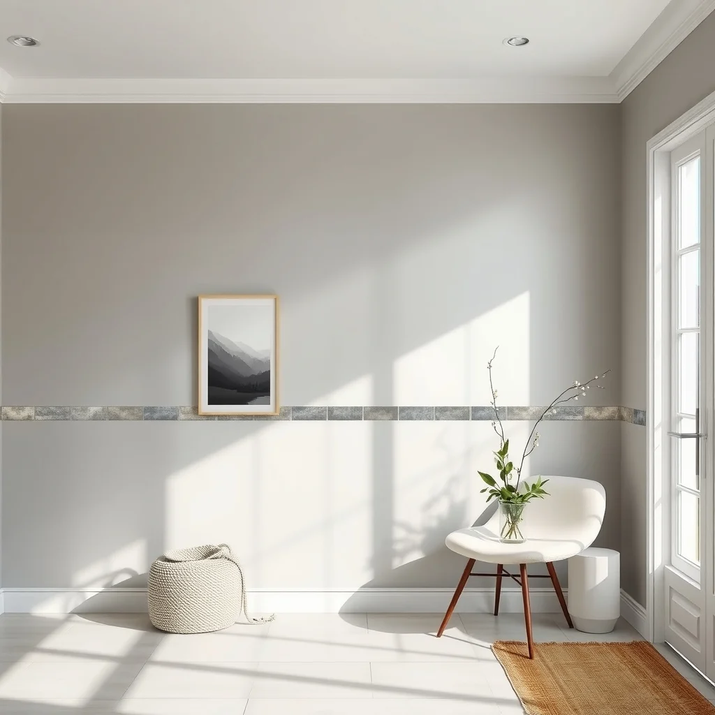 Satin sheen dove gray paint covers the entry wall catching ambient daylight a narrow strip of iridescent glass tile adds a subtle reflective accent enhancing depth without glare