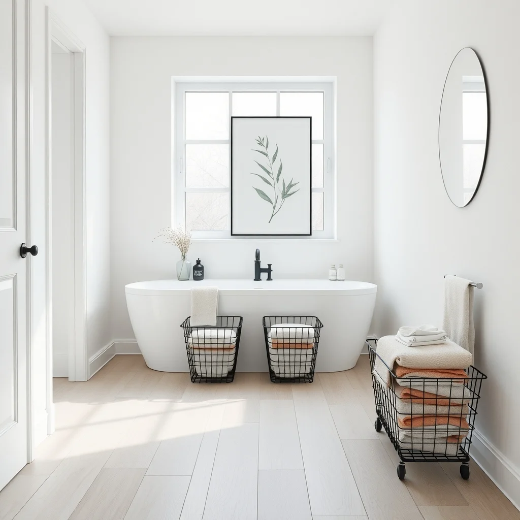 Scandinavian bathroom crisp white walls light oak floor staggered matte black wire baskets along baseboard holding pastel towels natural daylight filtering through frosted window minimalistic top down composition