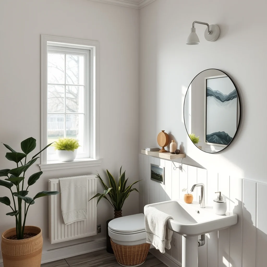 Scandinavian bathroom vignette white wall mounted mirror brushed nickel magnetic strip hidden