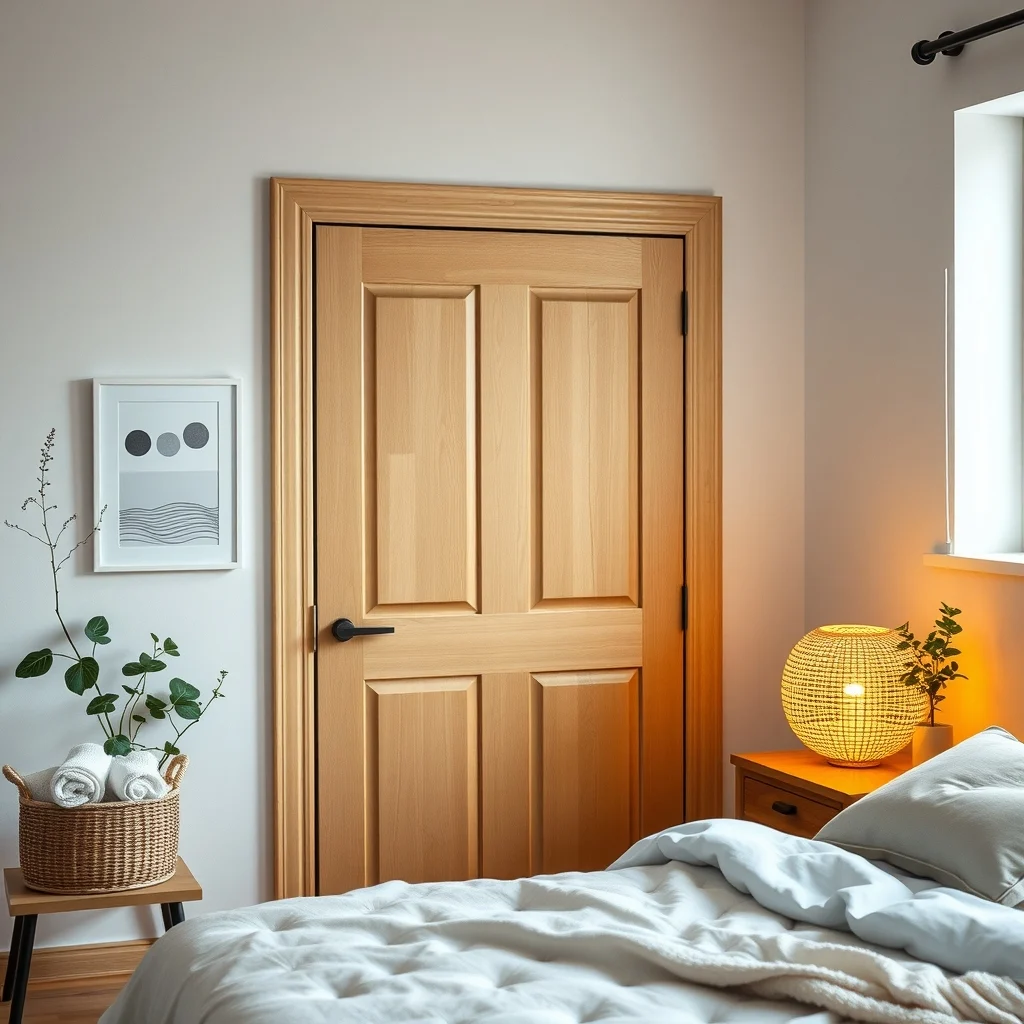 Scandinavian bedroom door framed in light oak tension rod spans top supporting woven bamboo baskets filled with linen towels warm amber glow from a bedside