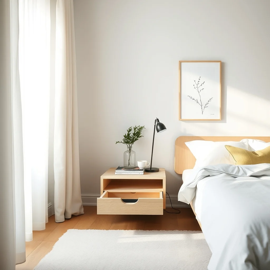 Scandinavian bedroom soft morning light streams through sheer curtains a floating low profile nightstand in light oak hovers a few inches above a white rug revealing a hidden drawer minimalist vibe