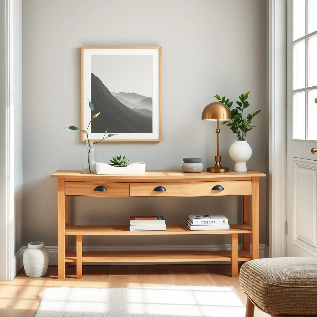 Scandinavian entryway featuring a light finished oak console 34 inch length 12 inch depth holding a ceramic mail tray a green succulent and a minimalist brass lamp bathed in soft morning light
