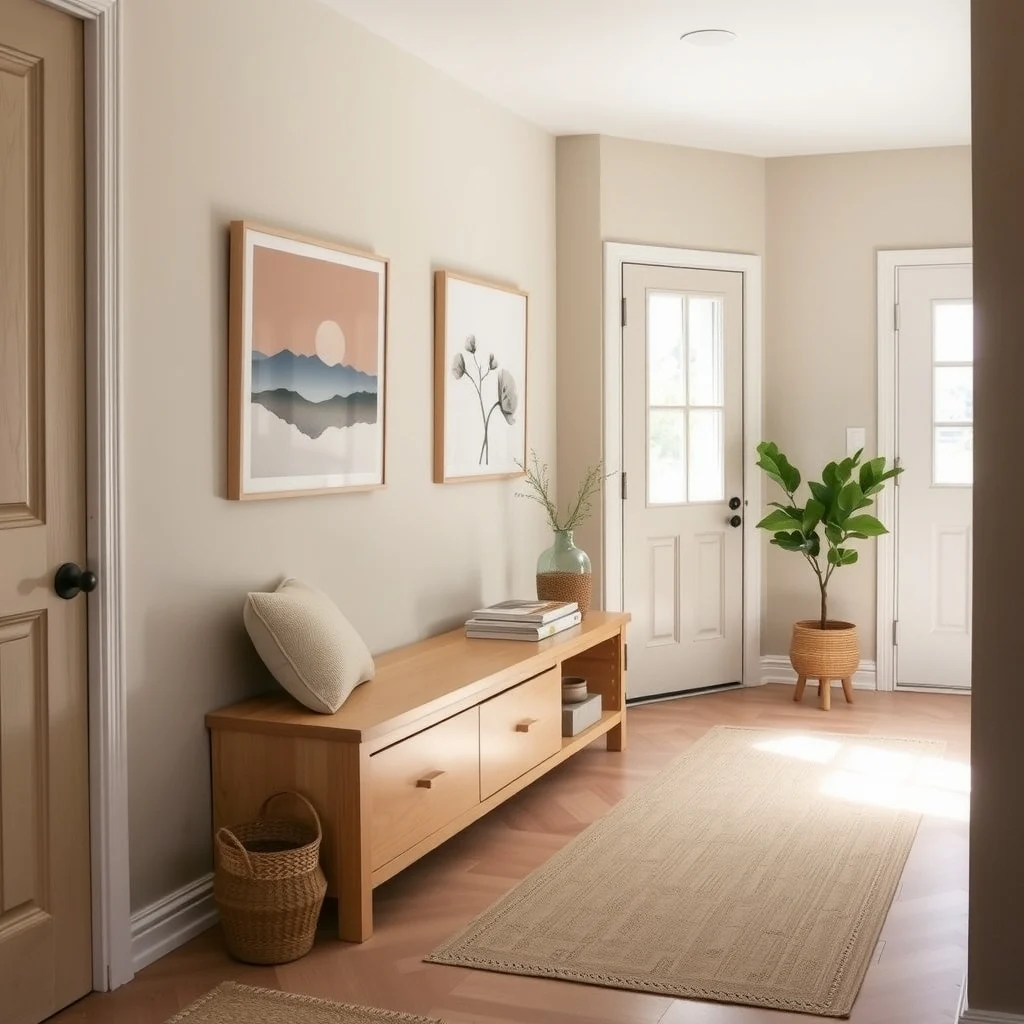 Scandinavian entryway light oak bench with plush cushion built in drawers opposite door soft natural light from nearby window neutral beige walls subtle greenery in corner wide angle