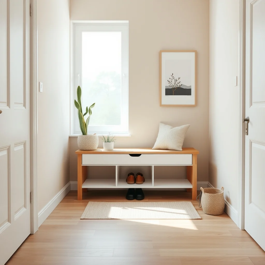 Scandinavian entryway light oak bench with white pull out drawer soft natural light from frosted window neutral beige walls a few shoes a small potted succulent minimalistic vibe