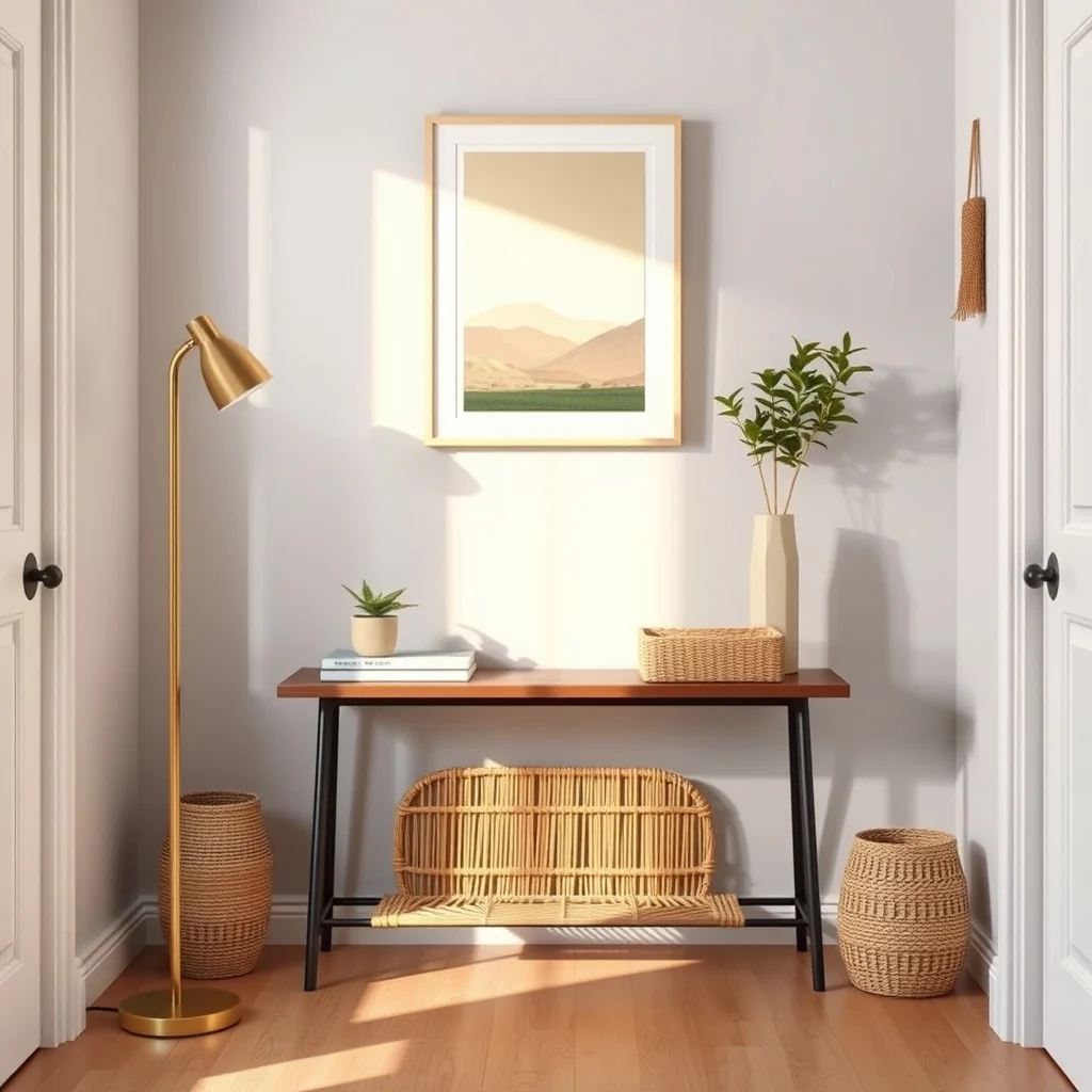 Scandinavian hallway featuring an 18 inch walnut console lower shoe rack of woven rattan pale gray walls a slim brass floor lamp warm afternoon glow minimalist typography art above