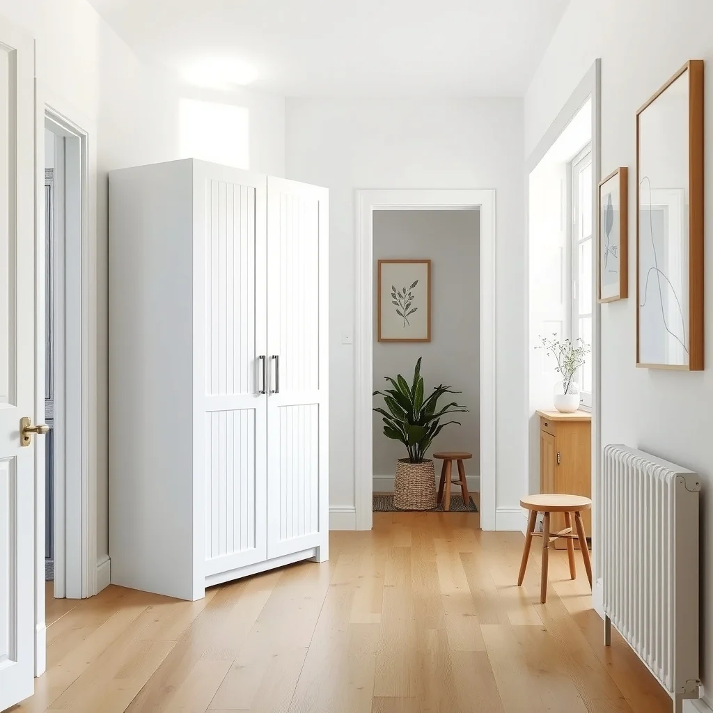 Scandinavian hallway view with a 13 inch wide 4 ft tall powder coated white wardrobe sleek vertical lines light oak floor soft natural light from a frosted side window minimal abstract line art above