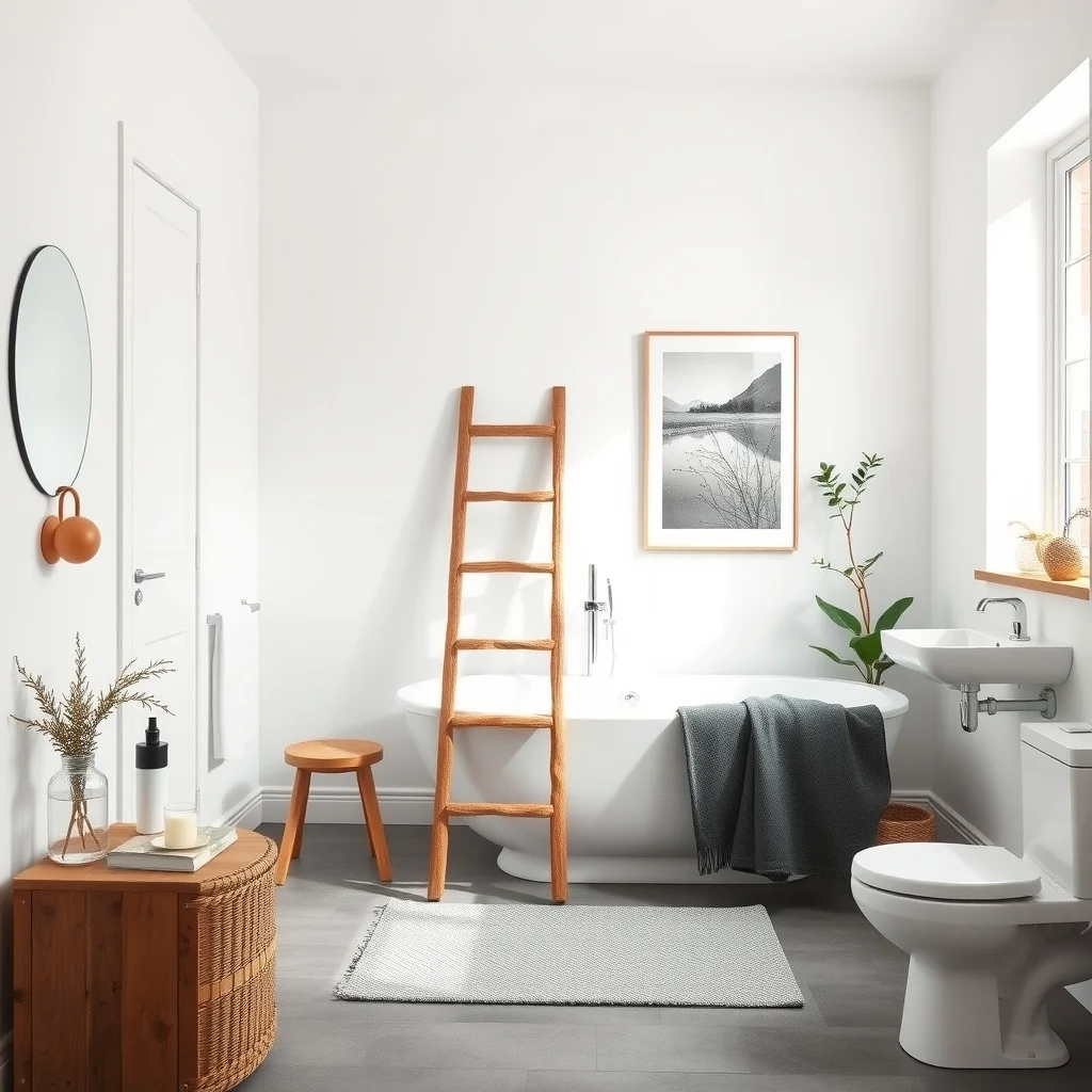 Scandinavian inspired bathroom featuring a compact reclaimed wooden ladder leaned against a white