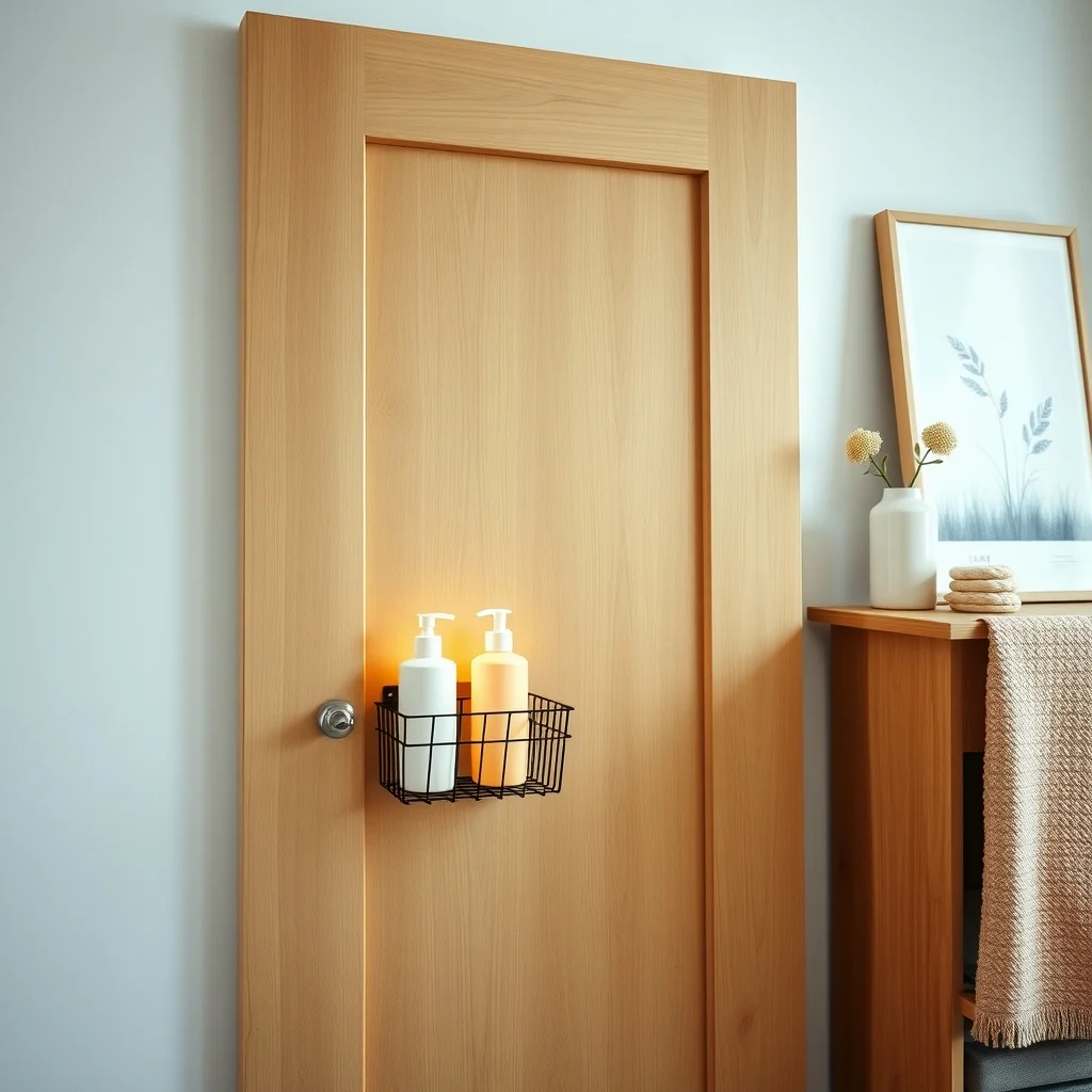 Scandinavian-inspired bathroom light oak vanity door interior reveals two matte black wire baskets on tiny hooks open mesh displaying pastel shampoo bottles diffused LED panel lighting vignette perspective