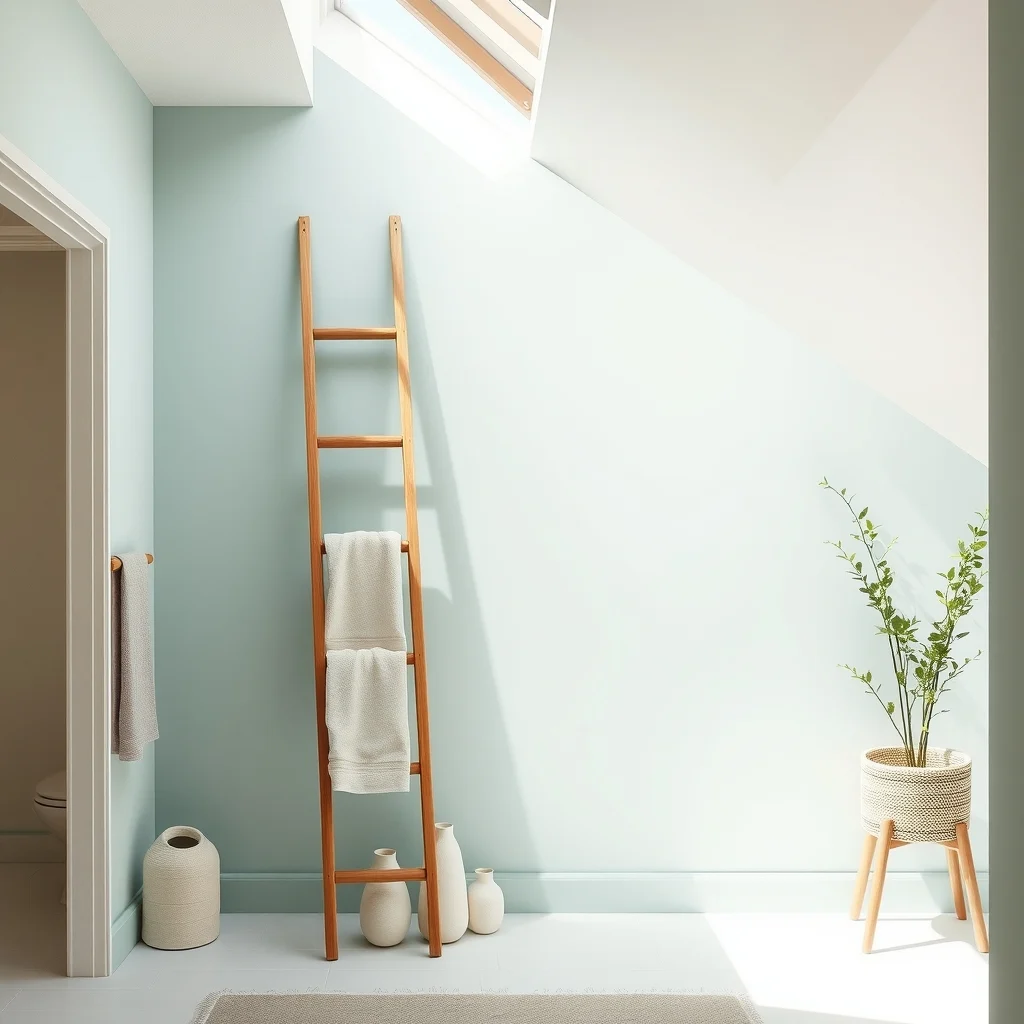 Scandinavian inspired bathroom pale walnut ladder shelf leaning against a pastel teal wall linen towels draped over rungs a few ceramic vases on lower steps daylight streaming from skylight subtle geometric