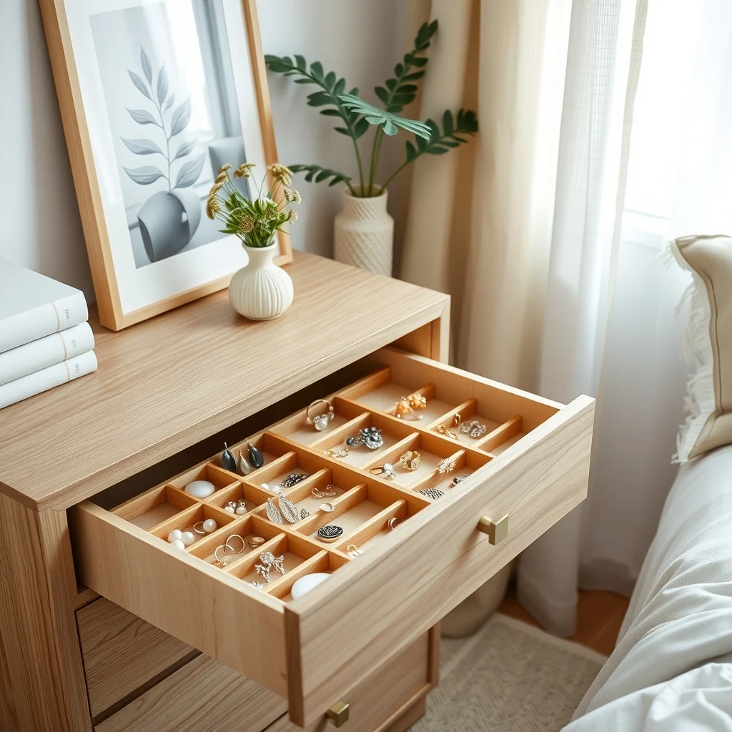 Scandinavian-inspired dresser drawer opened to reveal bamboo dividers separating sparkling rings pearl earrings and tiny brooches soft natural light filters through linen curtains highlighting light oak finish and pastel