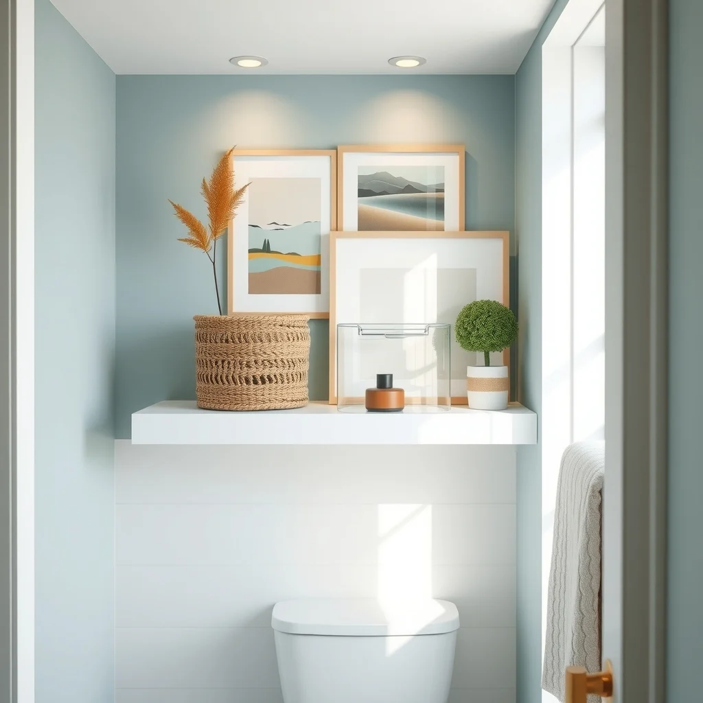 Scandinavian inspired tiny bathroom natural rattan basket and clear acrylic bin on white floating shelf soft linen towels folded inside pastel teal walls subtle recessed lighting casting gentle shadows tidy vignette
