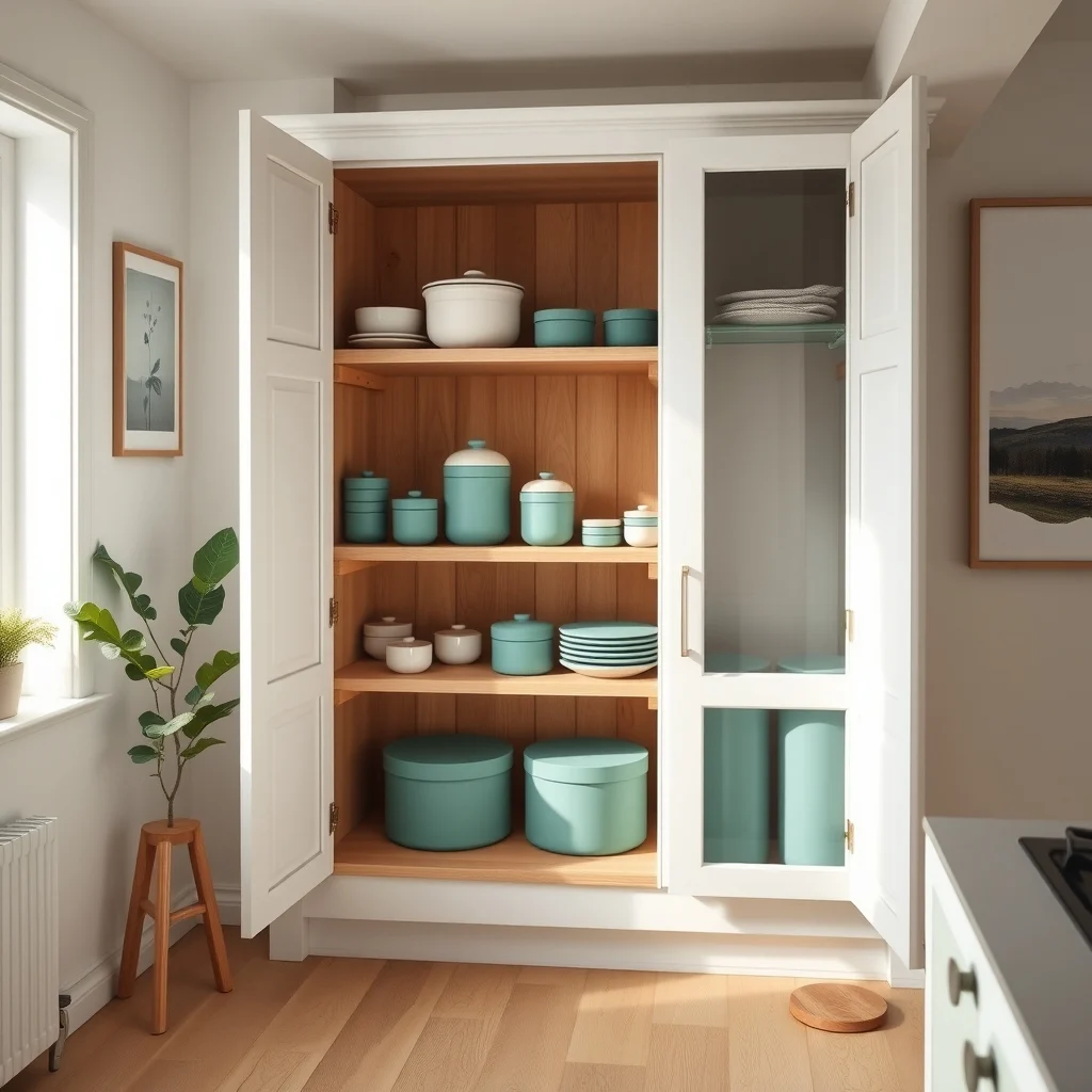 Scandinavian kitchen cabinet interior soft white doors natural oak shelves uniform matte teal stackable containers 12 inch deep arranged in tidy columns gentle daylight from a nearby window shallow depth of field close up