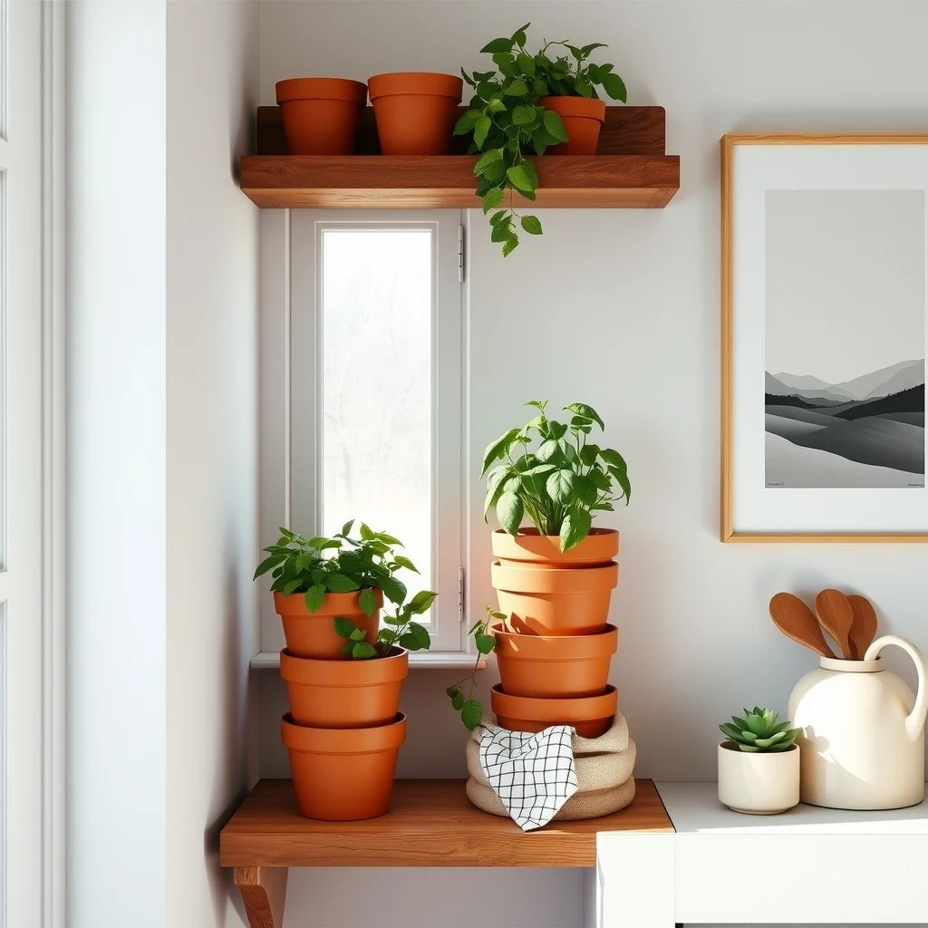 Scandinavian kitchen corner featuring stacked terracotta herb planters vibrant basil and mint reclaimed wood shelf soft diffused window light narrow wall