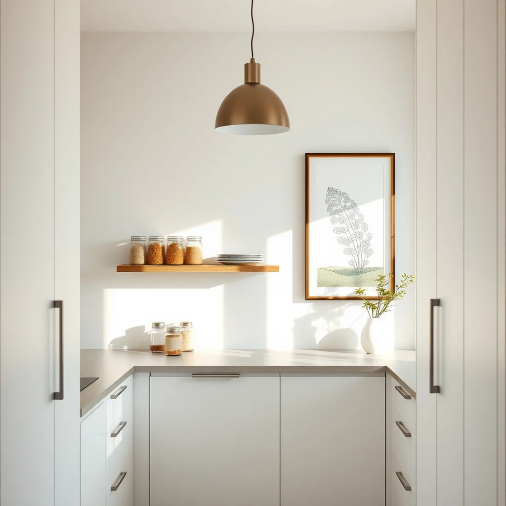 Scandinavian kitchen with matte white cabinets a slim floating walnut shelf occupies the narrow wall strip beneath a brushed metal pendant Sunlight streams from a nearby window highlighting neatly arranged spice jars