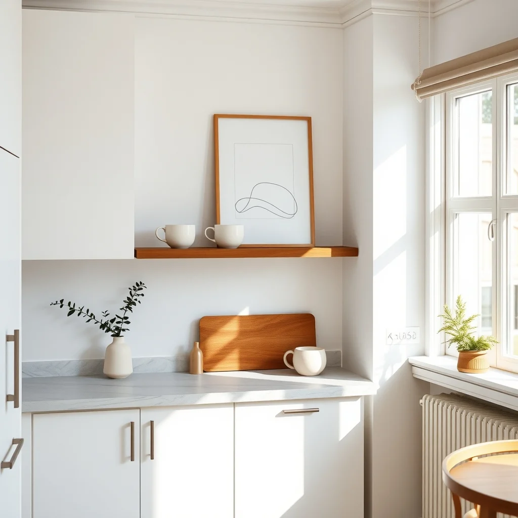 Scandinavian kitchen with matte white cabinets narrow walnut floating shelf above marble countertop open back revealing soft natural light a few pastel ceramic mugs minimalistic abstract line art on wall bright daylight