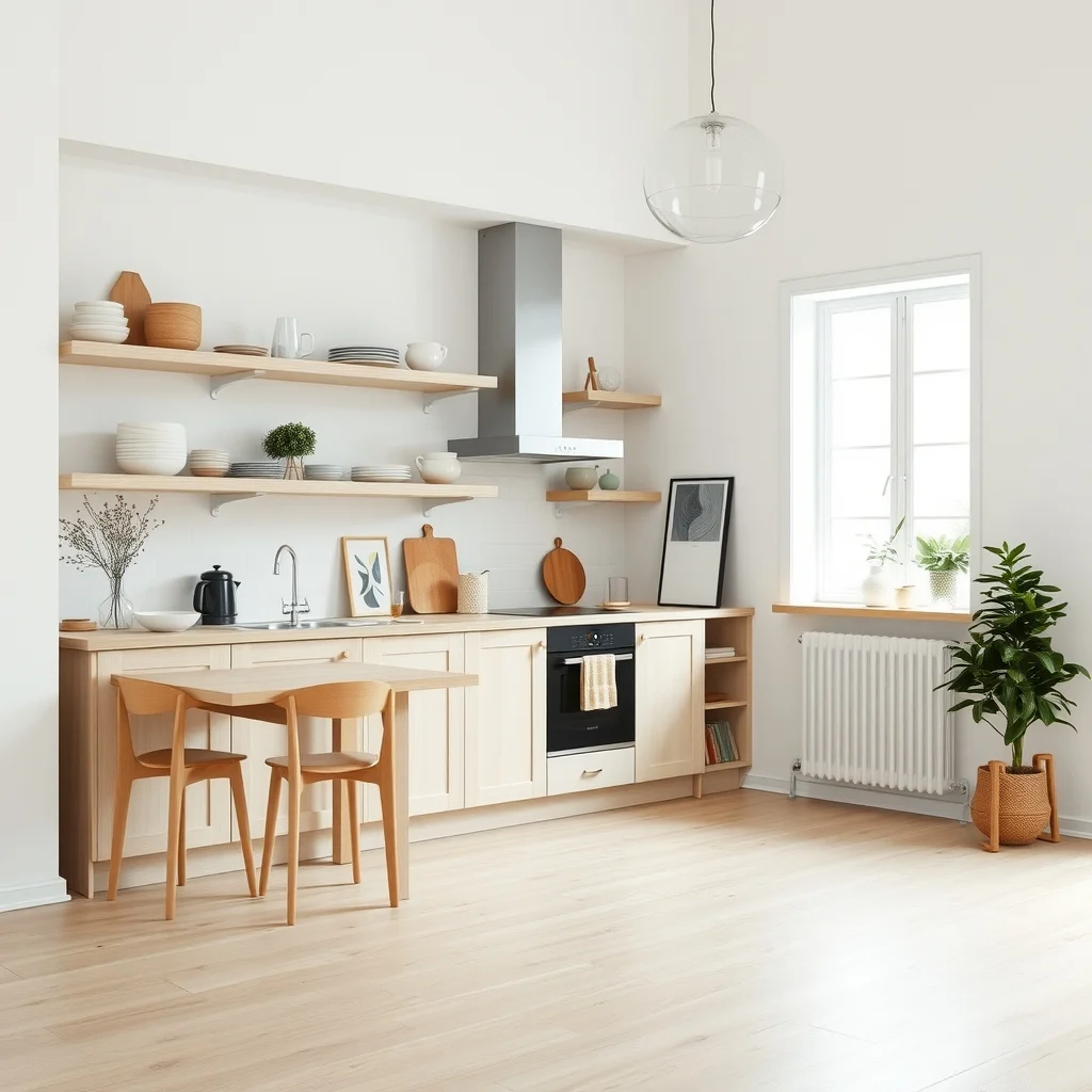 Scandinavian kitchen with white oak floor-to-ceiling open shelves light oak boards pastel dishes on lower shelves copper accents natural daylight from a window wide-angle view